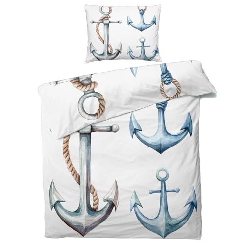 Bettwäsche 200x220 Anker - Maritim Deko Bettbezug 3 Teilig Set mit 2 Kopfkissenbezug 80x80, mit Reißverschluss, Weiche Kuschelige Bügelfreie Mikrofaser Wendebettwäsche ZJY3333