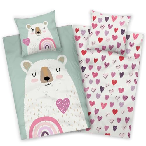 Aminata kids Biber Bettwäsche Bär 135x200 Kinder Baumwolle Tier-Motiv, Reißverschluss warm & kuschelig, Flanell-Winter-Bettwäsch e-Set - Wendebettwäsche mit Teddy und Herzen türkis