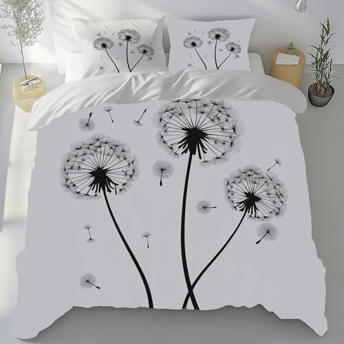 Schwarz Weiß Bettwäsche Set 2 Teilig Einzelbett, Löwenzahn Blumen Muster Bettbezug Bügelfrei, Pflanzen Pusteblume Mikrofaser Bettwäsche 135x200 Weich Cozy mit Reißverschluss und 1 Kissenbezug 80x80
