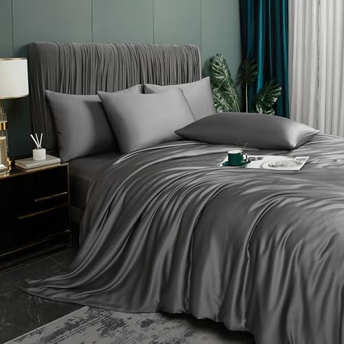 DXHOME Bettwäsche Sommer 200x200cm Grau Dunkelgrau Uni Glatt Bambus Bettwäsche-Set Kühlende Weiche Kuschelig und Atmungsaktiv Deckenbezug Luxus Bettbezug mit Reißverschluss und 2 Kissenbezüge 80x80cm
