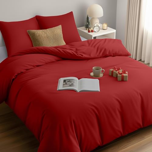 Utopia Bedding Bettwäsche 200x200 Set - Mikrofaser Bettbezug 200x200 cm + 2 Kissenbezüge 80x80 cm - Rot