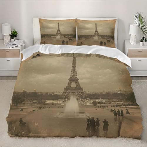 Bettwäsche Set Weich und Bügelfrei Vintage-Eisenturm-Foto 3D-Druck Erwachsene Kinder Bettbezug 3-teilig 180x200 cm Vintage Braun Mit Reißverschluss Mikrofaser Bettbezug