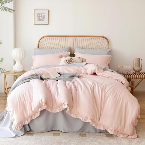 Sedefen Rosa Bettwäsche 155x220 mit Rüschen Einfarbig Romantisch Bettwäsche aus Mikrofaser,ÖkoTex Bettwäsche Mädchen mit Reißverschluss und 1 Kissenbezug 80x80 cm