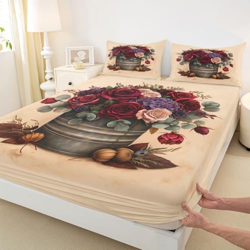 Vintage Floral Einbaublech L Größe Ländlicher Blumenkunst Landhausstil Bettdeckung 2pcs Boho Rose Botanical Bettwäsche Set für Erwachsene