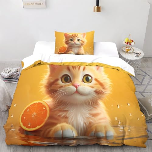 LSORU süße Katze Bettwäsche 3 Teilig Bettwäsche Set Mit Reißverschluss Bettbezug Und Kissenbezug Für Erwachsene Teenager Kinder Single?135x200cm?