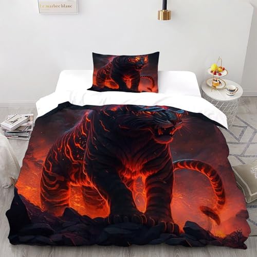 CIVETGDC Flame Tiger Bettwäsche-Set,3 Teilig,fürKinder,Jungen, Mädchen,Erwachsene, Wilde Tiere Rot Flame Daunendecke,Double?200x20 0cm?