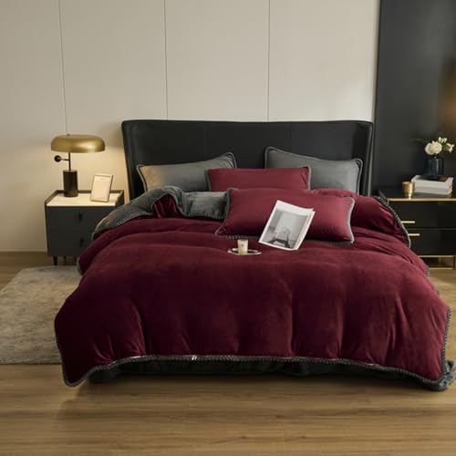 KLUOT Plüsch Bettwäsche 200 x 230 cm Bettwäsche Weinrot Winter Soft Touch und Angenehme Schlafkomfort Bettbezug Winter Soft Touch mit Reißverschluss