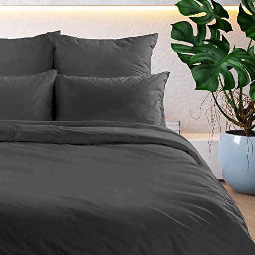 slummer Bettwäsche 135x200 Baumwolle 2teilig Anthrazit - Grau, Reißverschluss, 1 Bettbezug + 1 Kissenbezug 80X80 cm, Oeko-TEX