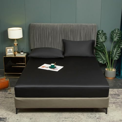 Luofanfei Bambus Lyocell Spannbettlaken 180x200cm Schwarz Boxspringbett Frottee Topper Glänzend Bambusfaser Bettlaken Spannbetttuch 180 x 200Uni Spannbetttücher für Hohe Matratze bis 25-30 cm