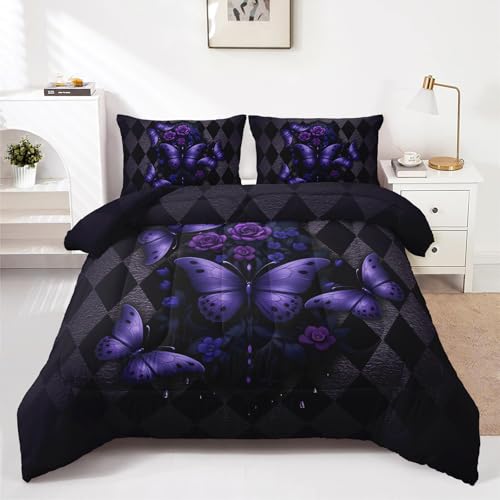 HOTRCR 3-teiliges Schmetterling-Bettwäsche -Set, violettes Blumen-Bettwäsche-Set für Mädchen und Erwachsene, Schlafzimmer- oder Raumdekoration, Ganzjahresdecke, Mikrofaser-Steppdecke mit 2
