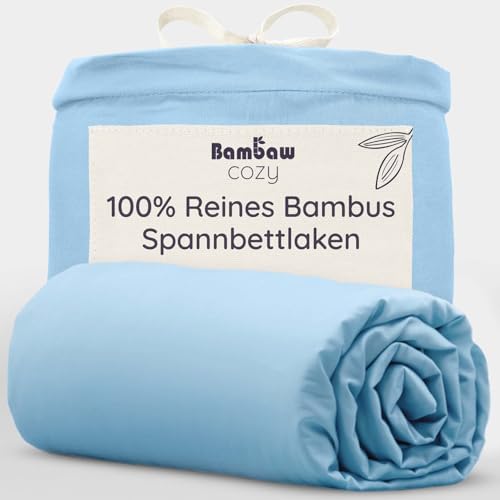 Bambaw Bambus Spannbettlaken 180x200 cm, 35 cm Steghöhe, antibakterielle und hypoallergene Bettlaken, 100% Bambus Bettwäsche Spannbetttuch, Sommer Bettlaken 180x200 kühlend (Hellblau)