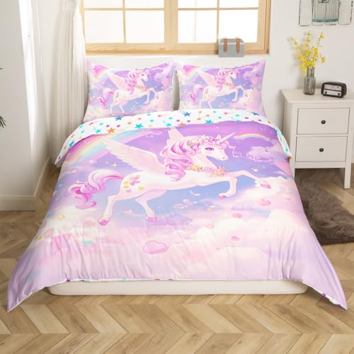 Loussiesd Kinder Nettes Einhorn Bettwäsche Set 155x220cm Träumende Pferd Tiere Bettbezug mit 1 Kissenbezug Schöne Regenbogen Einhorn Bettwäsche-Set Lila Rosa Mädchen Schlafzimmer Dekor Bettbezug
