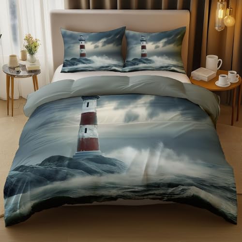 Wendbare Bettbezug 135 x 200 cm, Hd Leuchtturm Mit Meerblick Bedruckte Bettbezüge mit Reißverschluss und 80x80cm Kissenbezug, Graublau Waschbar Mikrofaser Bettwäsche Einfach und Pflege