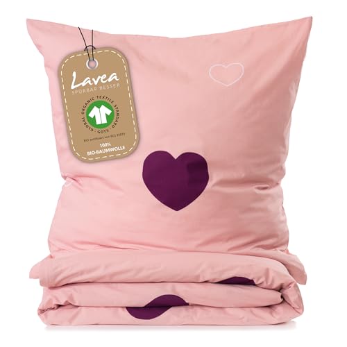 Lavea® Emilia Bettwäsche Kinder Set, Kinderbettwäsche aus 100% Bio-Baumwolle, mit Herzmotiv, weiche Bezüge für Bettdecke und Kopfkissen, mit Reißverschluss, Rosa Bordeaux 100 x 135 cm und 40 x 60 cm