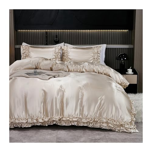 CNYUON 3-teiliges Satin-Bettbezug-Set, Seiden-Bettwäsche-Set, seidiges Rüschenmuster, luxuriöses Bett-Set(Khaki,220x240cm- AR-King)
