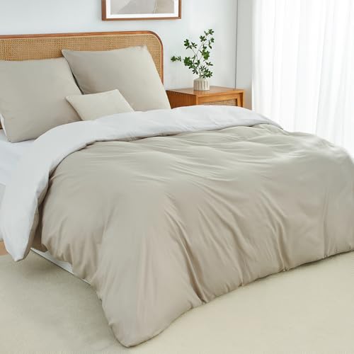 Duvetnova Bettwäsche 220x240 3teilig Beige/Weiß - Bettwäsche Sets 1 Bettbezug 220x240 cm + 2 Kissenbezüge 80x80 cm, ÖKO-TEX Wendebettwäsche weich & bügelfrei Mikrofaser mit Reißverschluss