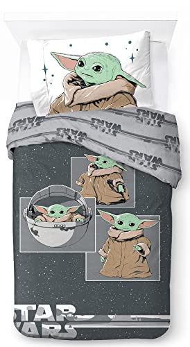 Jay Franco Star Wars Mandalorian Curious Child 100% Baumwolle Kinderbettwäsche-Set 135x200 cm Einzelbettgröße - Bettbezug + Kissenbezug 50x70 cm