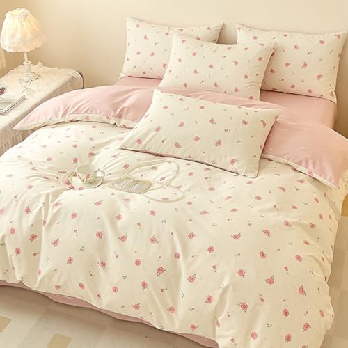 Tospass Bettwäsche 200x220 cm für Mädchen - A-Seite mit Blumenmuster, B-Seite mit Rosa & weißen Punkten, 3-teilig aus Mikrofaser, Deckenbezug mit Reißverschluss & 2 Kissenbezug 80x80 cm