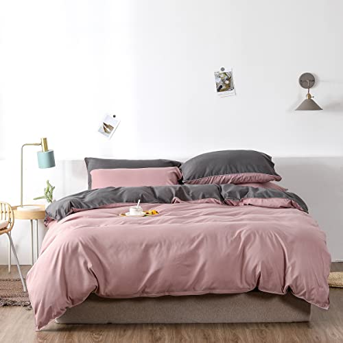 Chanyuan Bettwäsche 135 x 200 cm Rosa Grau Microfaser Wendebettwäsche Set Unifarben Elegant Bettbezug mit Reißverschluss und 1 Kissenbezüge 80 x 80 cm