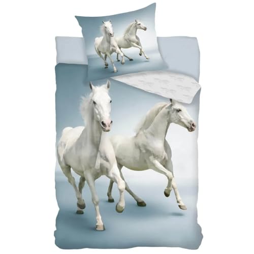 WS-Trend Pferde Bettwäsche 135x200 cm – 100% Baumwolle – 2-teiliges Set mit Kissenbezug 80x80 cm – Weißes Pferde-Motiv – Ideal für Kinder & Jugendliche – Hautfreundlich & Pflegeleicht