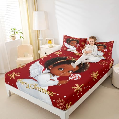 Frohe Weihnachten Einbaublech S Größe,Afrikanisches Thema schwarzes Prinzessin Mädchen Bettwäsche Set Kinder Teens Frau Zimmer Dekor,Schneeflocke Winkel Punkt Bettblatt, 1 Kissenbezug