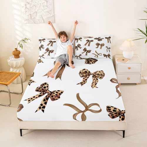 Manfei Leopard Druckbogen Einbaublech L Größe,Schönheit Gepard Pelz Muster Bettwäsche Sets Mädchen Jungen Erwachsene Zimmer Dekor,Mädchen Bowknot Bettblatt, 1 Kissenbezug