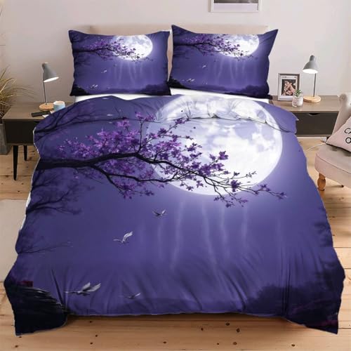 Dozrmey Bettwäsche 135x200 Mikrofaser 3 Teilig Violette Nachtlandschaft, Mikrofaser Kinderbettwäsche Set Jungen Mädchen Einzelbett Bettwäsche - 1 Bettbezüge 135x200 cm+ 2 Kissenbezug 80x80 cm