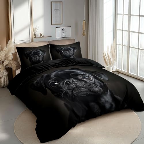 CozyRest 3 Teile Kinder Bettwäsche Set, Wendebettwäsche Mikrofaser, Tier: schwarzer Mops Bettbezug, 135 x 200 cm Reversible, Schwarz / 80 x 80 cm Kissenbezug, Pflegeleicht