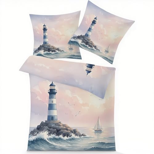 GEDAEUBA Leuchtturm Bettwäsche 135x200 - Nautische Segelboot Bettbezug, Wendebettwäsche und Kissenbezug 80x80, Weiche & Angenehme Mikrofaser Bettwäsche-Sets mit Reißverschluss