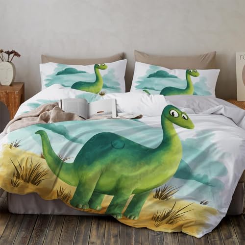 Bettwäsche 200*200cm Salbeigrün lächelnde Cartoon-Tiere Bettbezug Set 3 Teilig Grasland,Himmel und Wolken Blümchen Blumenmuster Weich Bettwäsche-Sets mit 2 Kissenbezüge 80x80 cm und Reißverschluss