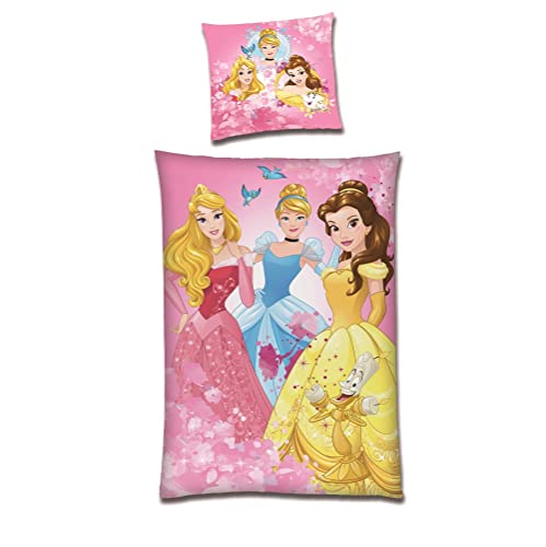 Warme Prinzessinnen Winter Bettwäsche · Rosa Fleece Mädchenbettwäsche 135x200 80x80 cm · 2-TLG. Kinderbettwäsche Set mit Disney Motiv Belle Dornröschen Cinderella