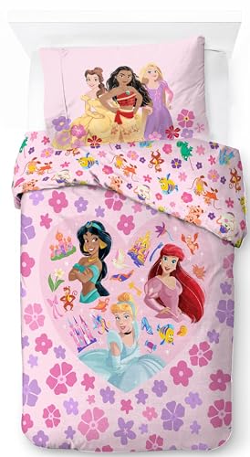 Jay Franco Disney Prinzessinnen Floral 100% Baumwolle Einzel-Bettwäsche-Set - Inklusive Kissenbezug 50 x 70 cm