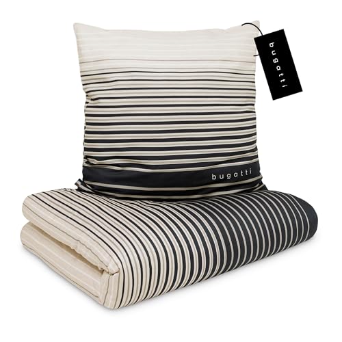 bugatti Bettwäsche 135x200 cm - 100% Baumwolle, Reißverschluss, anschmiegsam, weich & waschbar, Satinbettwäsche grau gestreift