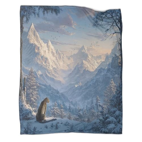Leopard im Schnee mit Blick auf die Berge 3D-gedruckte Decke Design-Tagesdecke Weiche Und Warme Mikrofaser Sofa Bettwäsche 50x60inch(127x152cm) Leopard im Schnee mit Blick auf die Berge 3D-gedruckte Decke Design-Tagesdecke Weiche Und Warme Mikrofaser Sofa Bettwäsche 50x60inch(127x152cm)