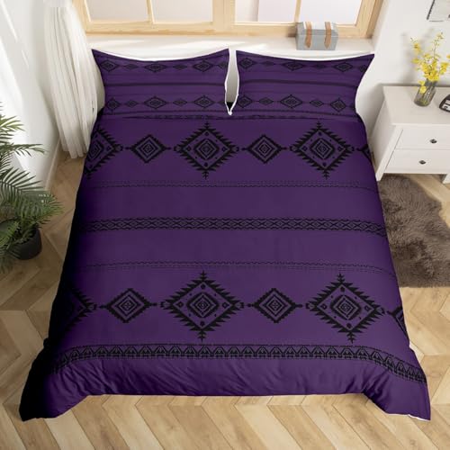 Loussiesd Western-Bettwäsche-Set für Einzelbett, Südwesten, Bettbezug für Jungen, Mädchen, Teenager, Wilder Westen, Cowboy, Trösterbezug, weicher Tribal-Bohemian-Stil, Raumdekoration, Violett, Schwarz