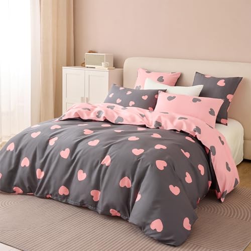 Freyamy Herz Bettwäsche 135x200 cm mit Herzchen Muster für Mädchen, Microfaser Bettbezug Set Rosa Grau Wendebettwäsche für Mädchenzimmer, 1 Kissenbezug 80x80 cm mit Reißverschluss