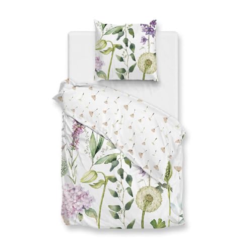 Zo!Home Mako-Satin Bettwäsche 155x220 Dandelion White Pusteblume lila grün Wende