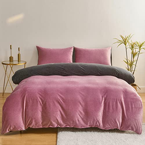 Chanyuan Flauschige Bettwäsche 135x200cm Plüsch Cashmere Touch Rosa Altrosa Lila Grau Wendebettwäsche Set 2 Teilig Warm Kuschelig Coral Fleece Bettbezug mit Kissenbezug 80x80cm