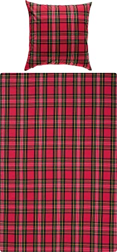 Erwin Müller warme Bettwäsche Flanell buntgewebt rot Größe 80x80 cm / 135x200 cm - hautsympathisch, atmungsaktiv, samtweich, 100% Baumwolle, mit Knopfverschluss