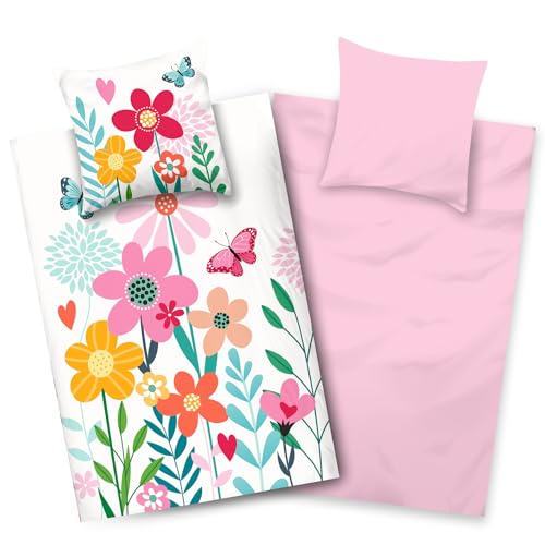 Aminata kids Bettwäsche 135x200 Mädchen Blumen Baumwolle Wende-Kinder-Bettwäsche- Set Flowers YKK Reißverschluss bunt Geschenk-e