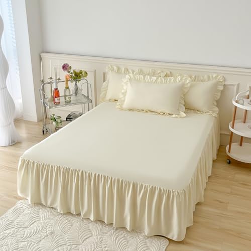 Highdi Betthusse Bettrock Bettvolant, Elastische Bettwäsche mit Rüschen Rüschen Bettwäsche mit Plattform, Bed Skirt Bettrock Umwickeln mit Elastischem Gürtel (140x200cm,Beige)