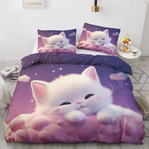 zcwl Katze Bettwäsche 135x200 Sommer, Kinder Tiere Bettbezug Set 2 teilig, Weiche Kuschelige Mikrofaser Bettwäsche-Sets, Wendebettwäsche und 1 Kissenbezug 80x80 mit Reißverschluss