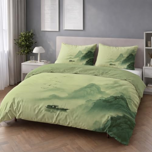 Atmungsaktiv Bettwäsche 200 x 220 - Grün Bügelfrei Farbbeständig Bettwäsche Sets - Bettbezug(200 x 220)+ Kissenbezüge - Für Allergiker Geeignet Orientalisch Traditionell Landschaftsmalerei
