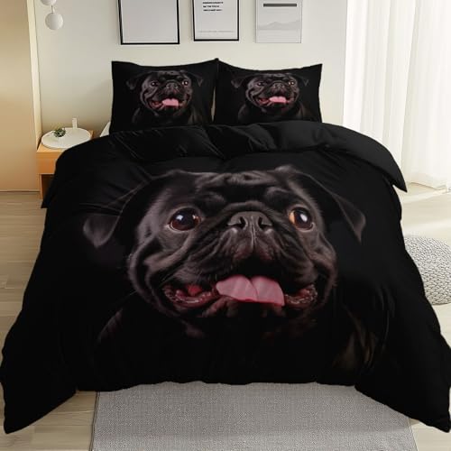 Bettwäsche Set Einfacher Fotografie-Stil Mops Bettbezug Set 135 x 200 cm für Kinder Jugendliche Erwachsene Dekorativ wendbar Motiv Bettwäsche Set Schwarz Atmungsaktives Leichtgewicht Mikrofaser