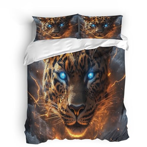 Generisch Leopard Bettwäsche-Sets, Mikrofaser 3D Tier Bettwäsche 200×220 + 80×80 Kissenbezug, Bettbezug Mit Reißverschluss Alle Jahreszeiten Geeignet Double Bed