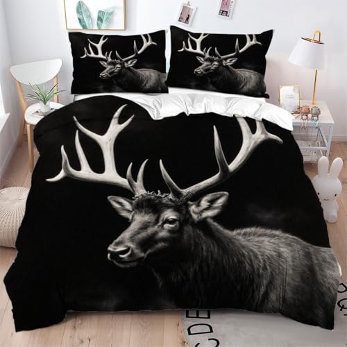 Gumntun Bettwäsche 200×220 cm 3 Teilig Schwarzes Tier Elch, Bettwäscheset aus 100% Mikrofaser, Weich und Bügelfrei Steppdeckenbezug mit 2 Kissenbezug 80X80 cm_B8088