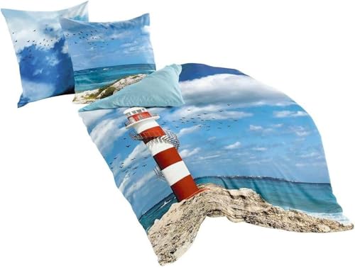 BJCJGGL Bettwäsche 200x220 Blauer Leuchtturm Bettwäsche-Set mit Reißverschluss Schließung und 2 Kopfkissenbezug 80x80 cm - Weiche Angenehme Mikrofaser Bettbezug für Erwachsene Kinder