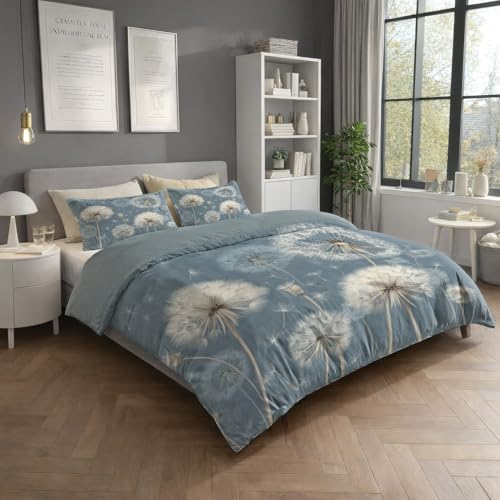 Generisch Blau Weiß Bettwäsche 180 x 200 cm Reversibel, Realismus Ruhig Elegant Pusteblume Mikrofaser Bedruckte Bettbezug Set 3 teilig - 1 Flauschige Bettbezug und 2 Kissenbezug 80x80 cm