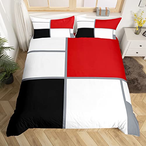 Plaid Geometrische Tröster Covet 155×220 cm,Moderner Rot Schwarz Weiß Bettbezug mit 1 Kissenbezügen,2 Stück,Vintage Abstrakt kariertes Polyester Bettwäsche Set für Jungen Teens Schlafzimmer Dekor