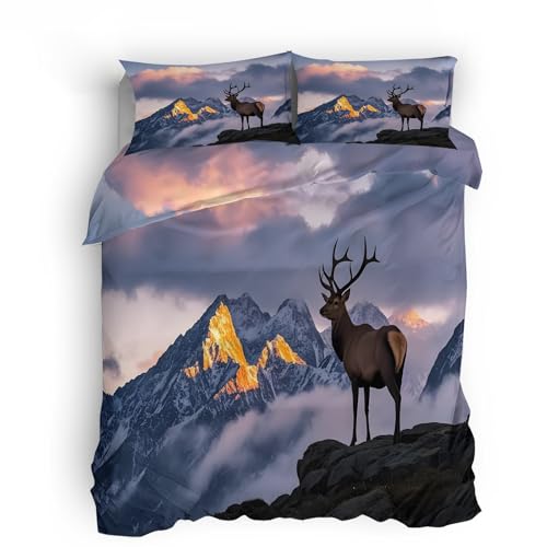 Kinder Bettwäsche 150x200 cm 3D Elch Doppelseitig Druck Bettwäsche-Sets 3teilig Schneeberg mit Reißverschluss Microfaser Bettbezug mit 2 Kopfkissenbezüge 80x80 cm